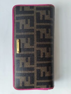 FENDI Zucca Coated Canvas Long Wallet Snap Closure Pink Trim